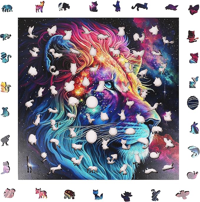 Mys Aurora Unique Wooden Jigsaw Puzzles - Starry Lion, 200 Pcs Medium Size 11.2'' x 11.2'', Luxurious Animal Shaped Wood Puzzle, Beautiful Package, Best Gift for Adults