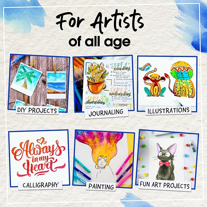 Chalkola Watercolor Brush Pens for Lettering, Coloring, Calligraphy - Set of 28 Watercolor Pens, 15 Painting Pad & 2 Water Color Markers - Drawing Art Supplies for Kids, Adults, Professional Artist