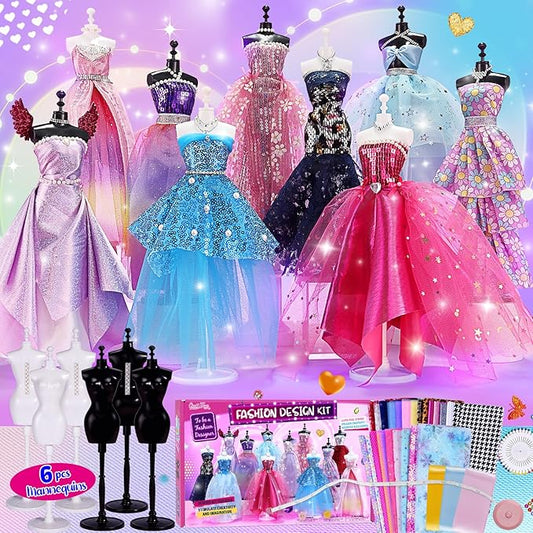 ONE TO FOUR 800+Pcs - Fashion Designer Kit for Girls with 6 Mannequins - Arts and Crafts Kit- Sewing Kit for Kid Ages 8-12 -Girl Gift Age 6 7 8 9 10 11 12-Gifts for Teen Girls