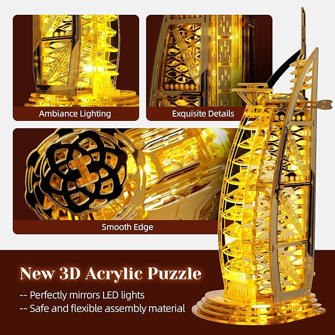 LED 3D Puzzle for Adults – 3D Wood Puzzle Architecture Building Model Kit – Super LED Dubai Landmark at Night – 3D Puzzles Home Décor Gift,Gold