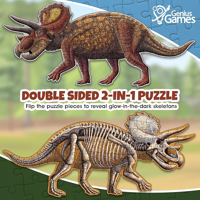 Triceratops Dinosaur Jigsaw Puzzle | 100-Piece Double Sided Floor Puzzle with Glow-in-The-Dark Skeleton On Other Side | 4 FT Scientifically Accurate Dino Illustration | Educational Toy for Kids