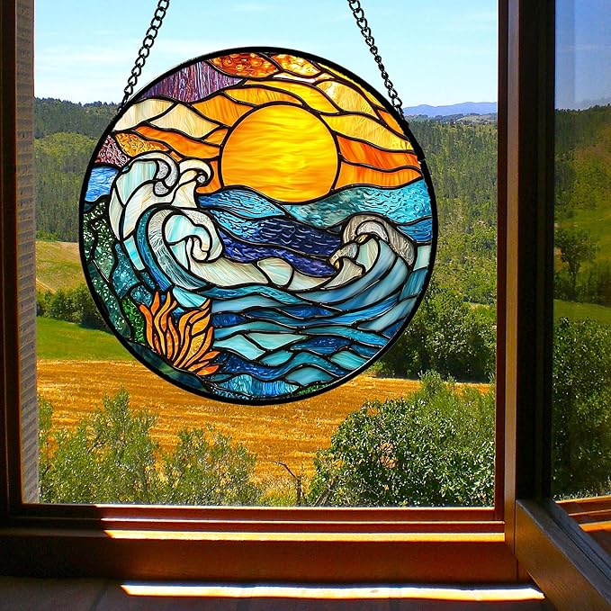 Stained Glass Window Hanging, Orange Sun Blue Sea Waves Landscape Suncatcher for Doors Window Home Sun Catchers Decor Mother's Day Birthday Gifts for Women, Men Mom 11.8 in