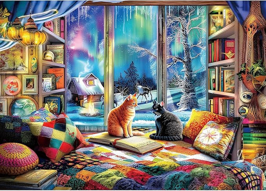 Northern Lights 1000 Piece Jigsaw Puzzle for Adults Cat Colorful Aurora Borealis Winter Scene Snowy Landscape Cozy Cabin Bookshelf Challenging Puzzle Game for Christmas Holiday Family Night (27"x19")