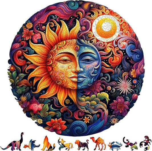 Sun Moon Mandala Wooden Puzzle - 454pcs Unique Wood Animal Shaped Puzzle, Colorful Round Jigsaw for Adults, Wooden Puzzles Family Game Home Decor