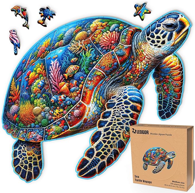 LEOGOR Wooden Jigsaw Puzzles for Adults 200 Pieces (16 × 10.4 in), Sea Turtle Puzzle, Extra-Thick 5mm Wood, Colorful Ocean Mosaic, Unique Gift for Adults and Teens