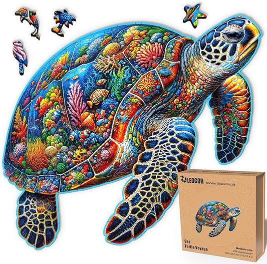 LEOGOR Wooden Jigsaw Puzzles for Adults 200 Pieces (16 × 10.4 in), Sea Turtle Puzzle, Extra-Thick 5mm Wood, Colorful Ocean Mosaic, Unique Gift for Adults and Teens