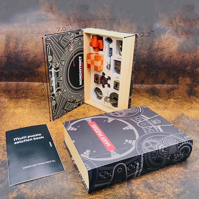 IQ Challenge Puzzles - Metal & Wooden Mechanical Puzzle Box Set 9PCS, 3D Brain Teaser Games for Adults & Teens, Handheld Decryption Lock Toys