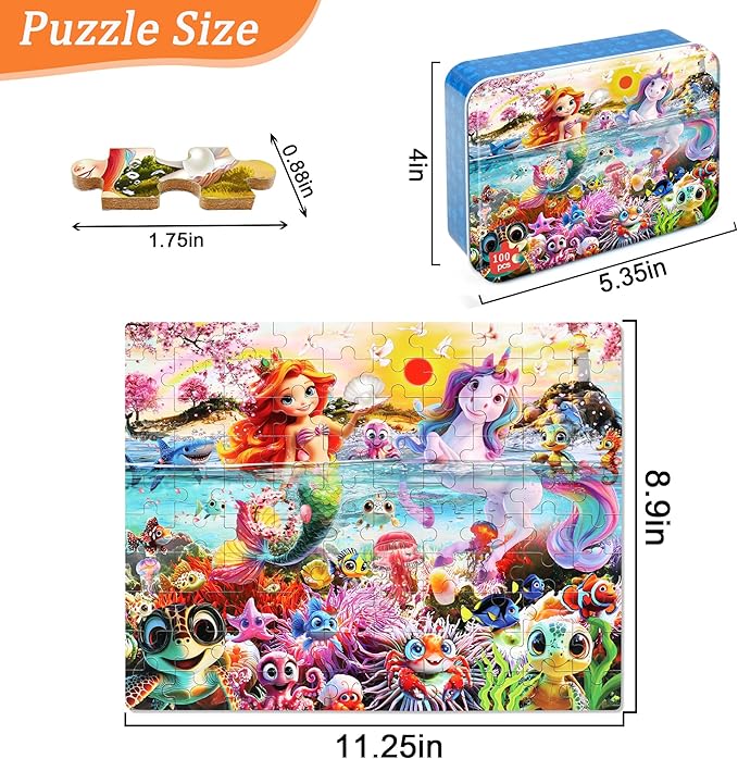 Mermaid Unicorn Puzzles for Kids Ages 4-8, 100 Pieces Jigsaw Puzzles for Kids Ages 3-5 Puzzle for Girls and Boys Learning Educational Puzzles Toys in a Metal Box