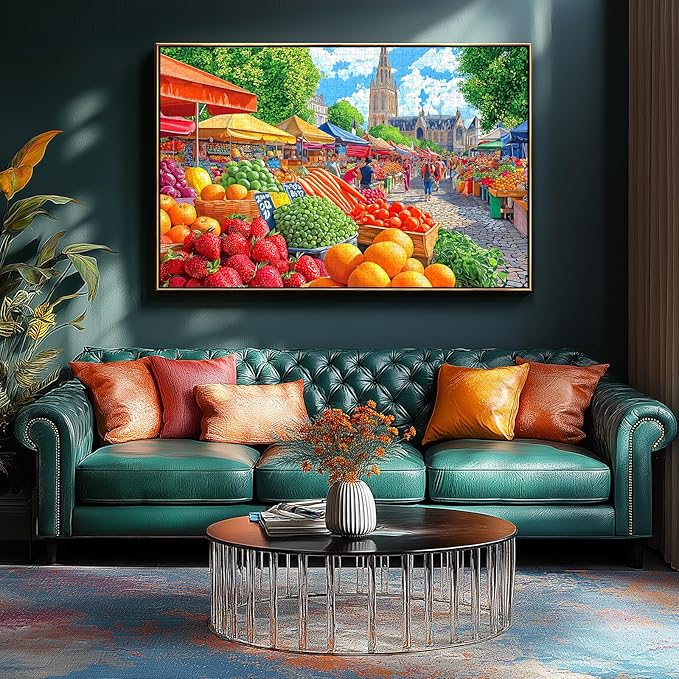 Farmers Market 1000 Piece Jigsaw Puzzle for Adults Colorful Fruit Stand Scene with Letters on Back Fun Cathedral Landscape Puzzle Games for Adults Game Night