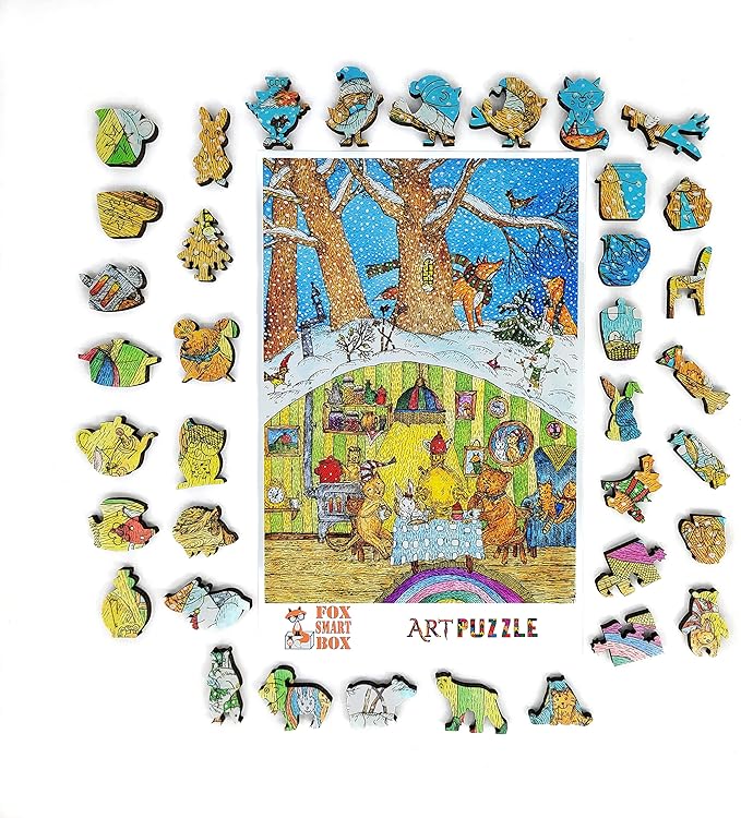 Wooden Jigsaw Puzzle for Adults - Uniquely Shaped Pieces - Made in The USA by FoxSmartBox - 195 Pieces - Visiting The Bear