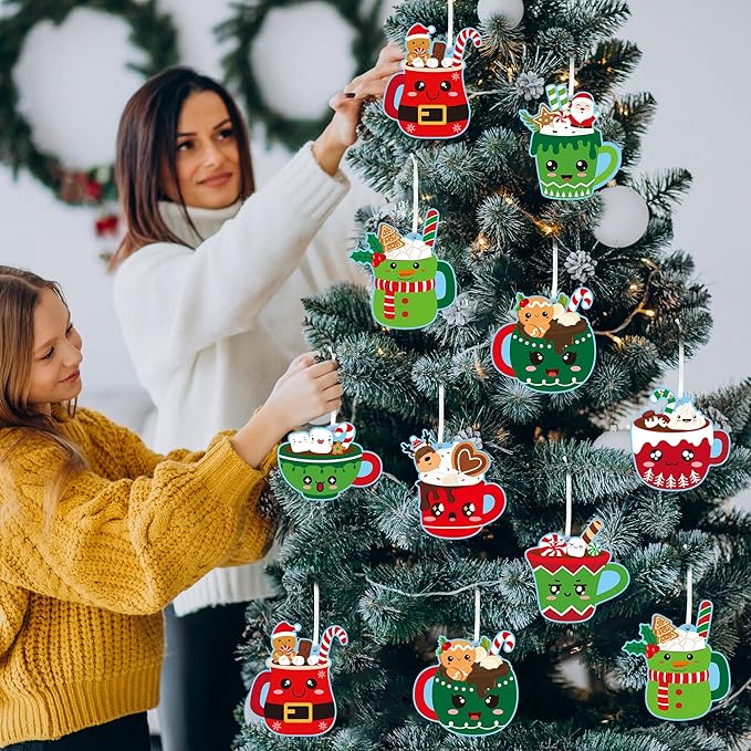 EZdhuawuse Christmas Hot Cocoa Craft Kits - 123 Christmas Hot Cocoa DIY Art Sticker Ornaments for Kids, Make Your Own Xmas Hot Cocoa Coffee Cup Art Hanging Ornaments for Christmas Tree Door Wall Decor