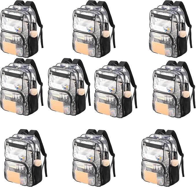 10packs Bulk Clear black backpack with laptop compartment large for kids school see through transparent plastic stadium approved teen toddler
