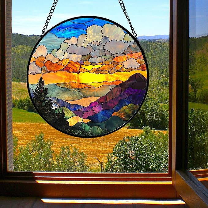 Stained Glass Window Hanging, Abstract Clouds Mountains Landscape Suncatcher for Doors Window Home Sun Catchers Decor Mother's Day Birthday Gifts for Women, Men Mom 6.3 in