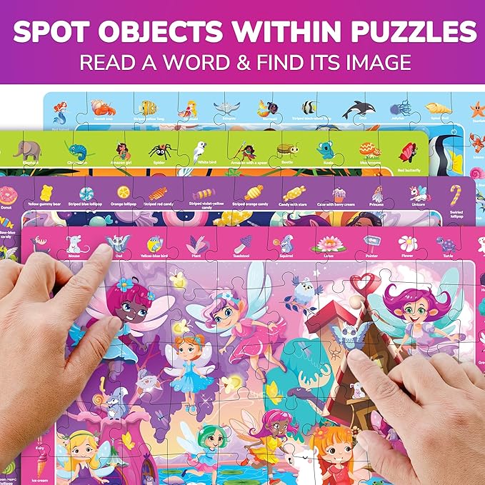 QUOKKA Princess Puzzles for Kids Ages 4-6 - Toddler Puzzles Ages 3-5 - 4-Pack 60 Piece Search and Find Jigsaw Puzzle 6-8 - Unicorn Mermaid Fairy Puzzle for Girls - Learning Educational Toy for 5 Year
