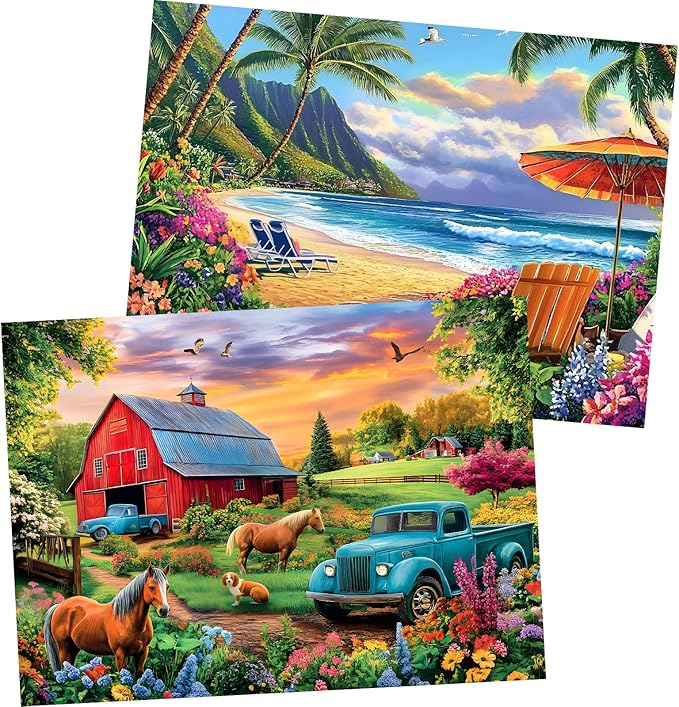 2 Pack 500 Pieces Puzzle for Adults, Beach Farm Puzzle for Adults Kids Seniors, Horse Dog Tractor Flower Jigsaw Puzzles 500 Pieces, No Dust Colorful Challenging Puzzles Family Game Gift 20.5 * 15