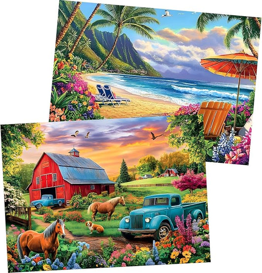 2 Pack 500 Pieces Puzzle for Adults, Beach Farm Puzzle for Adults Kids Seniors, Horse Dog Tractor Flower Jigsaw Puzzles 500 Pieces, No Dust Colorful Challenging Puzzles Family Game Gift 20.5 * 15