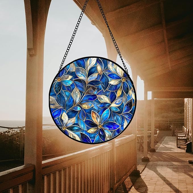 Stained Glass Window Hanging - Blue Gold Abstract Flowers Suncatcher for Door Terrace Garden Home Decor, Plant Sun Catcher Birthday Gifts for Lovers Women Men Dad Mom Nana 15 in