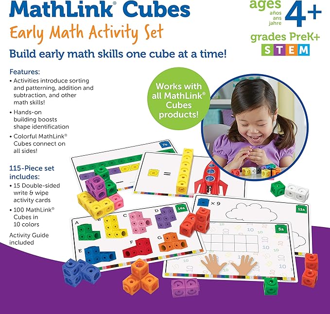 Learning Resources MathLink Cubes Early Math Activity Set - 115 Pieces, Ages 4+ Kindergarten STEM Activities, Math Cubes Activity Set and Games for Kids, Mathlink Cubes Activity Set