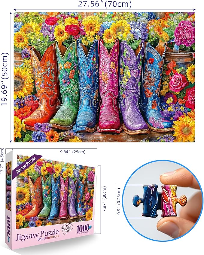 Beautiful Boots and Flowers Puzzles for Adults 1000 Pieces Funny Colorful Vintage Artwork Vibrant Jigsaw Puzzles 1000 Pieces Challenging Family Puzzle with Letters on Back Gift for Boys and Girls
