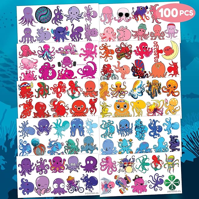100 PCS Octopus Themed Birthday Party Favors Decorations Supplies Decor Octopus Ocean Under the Sea Animals Temporary Tattoos Stickers for Girls Boys Baby Shower Gifts Student School Prizes Rewards