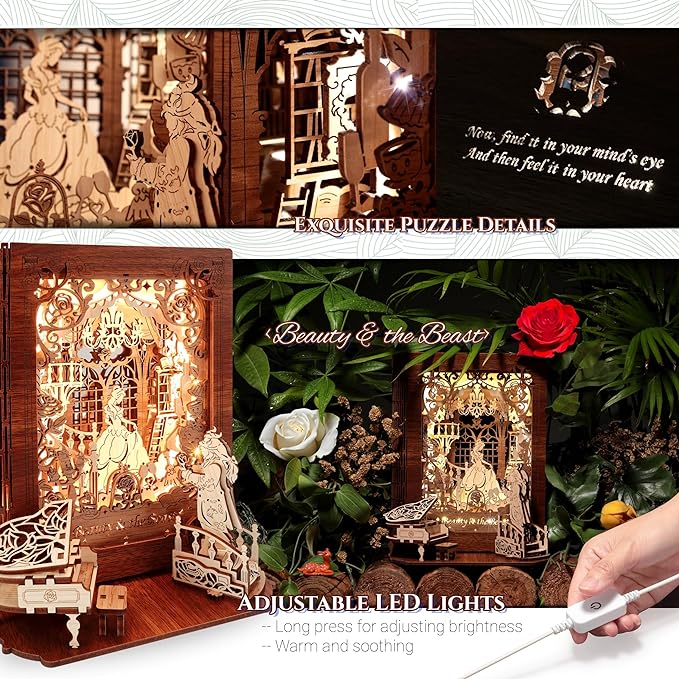 Beauty and The Beast 3D Puzzle Nightlight – LED 3D Puzzle Gifts – 3D Wood Puzzles Storybook Nightlight Home Décor for Kids and Adults