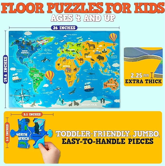 3 Pack Large Floor Puzzles for Kids Ages 3-5– Extra Thick 48 Piece Puzzles for Toddler Ages 4-8 Jumbo Jigsaw Set - Solar System, World Map, USA Map, 3 in 1 Educational Puzzle Preschool, Children
