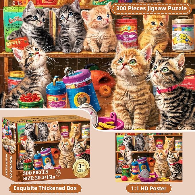 300 Pieces Cute Cats Puzzles for Adults,Large Piece Jigsaw Puzzle for Adults Teens Seniors,Fun Puzzle for Kids Ages 8-12,Challenging 300 Pieces Puzzles for Family,Great Gift for All Ages,20.5 x 15 in