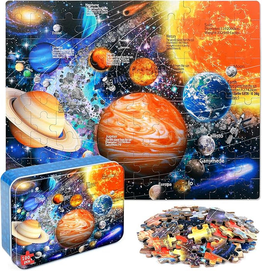 LELEMON 100 Pieces Jigsaw Puzzles for Kids Ages 4-8 Solar System Planets Jigsaw Puzzle for Kids Boys Girls Children Learning Educational Puzzles in a Metal Box Pack Toy