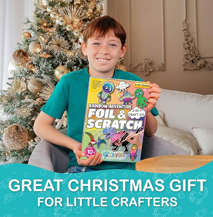 Craftikit ® Rainbow Adventure Foil Art & Scratch Art for Kids- 2-in-1 Arts and Crafts Kit for Kids Ages 4-10 - Rainbow Crafts for Boys Ages 4, 5, 6, 7, 8, 9, 10