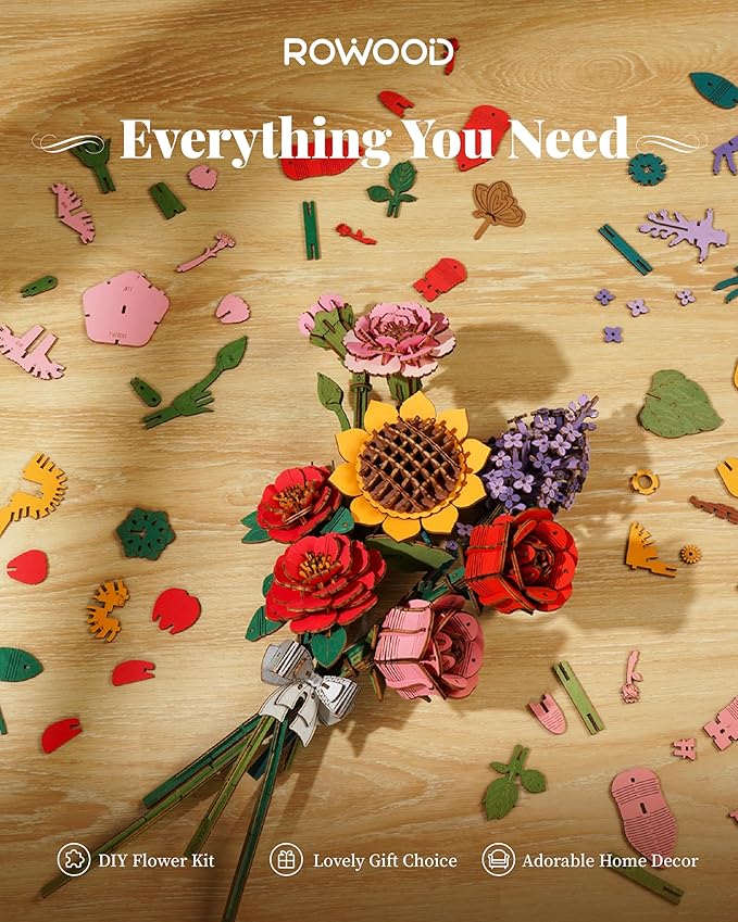 rowood 3D Puzzle Wooden Flower,DIY Artifical Flower Building Set Craft Kit for Women,Mother's Day/Valentine's Day/Teacher's Day/Thanksgiving/Christmas/Birthday Gift for Mom/Grandma-Red Carnation