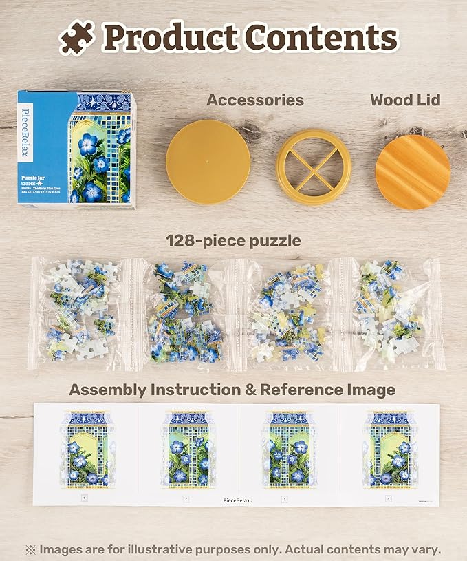 3D Puzzle Jar 128 Plastic Pieces for Adults - Summer Blossoms Use Includes Divider Pen & Utensil Holder with Wooden Lid Dining,Study Living Room Medium [BA1016]