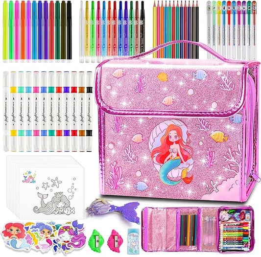 Mermaid Gifts for Girls, Washable Scented Markers Set for Kids, Include Glitter Pencil Case, Markers, Glitter Pens, Crayons 98Pcs Art Supplies Coloring Kit Birthday Christmas Gifts for Girls