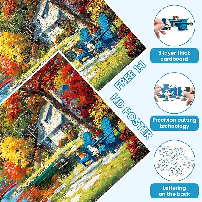 300 Piece Puzzle for Adults, Autumn Lakeside Cabin Jigsaw Puzzle with Dogs and Colorful Trees, Fall Season Cozy Retreat 300 Piece Puzzle, Relaxing Home Decor Gift for Adults, Kids, Seniors, 20.5×15 in