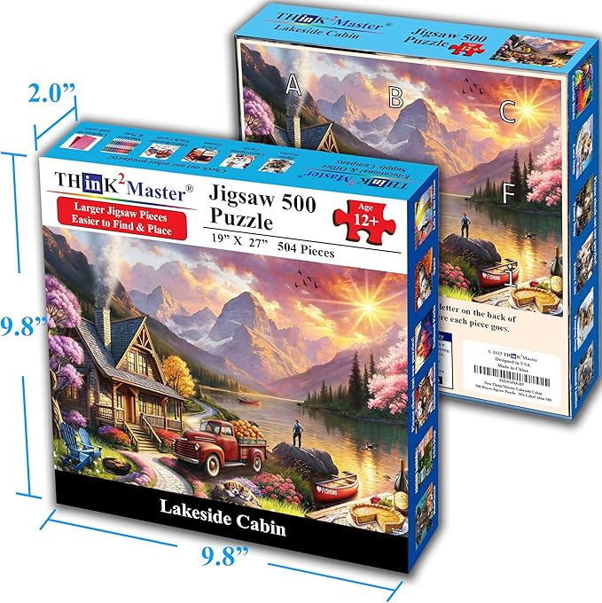 Think2Master Lakeside Mountain Retreat 500 Pieces Large Format Jigsaw Puzzle: Kids 12+, Teens, Adults & Families. Escape to a World of Tranquility and Rustic Charm. Great Gift. Size: 26.8” X 18.9”