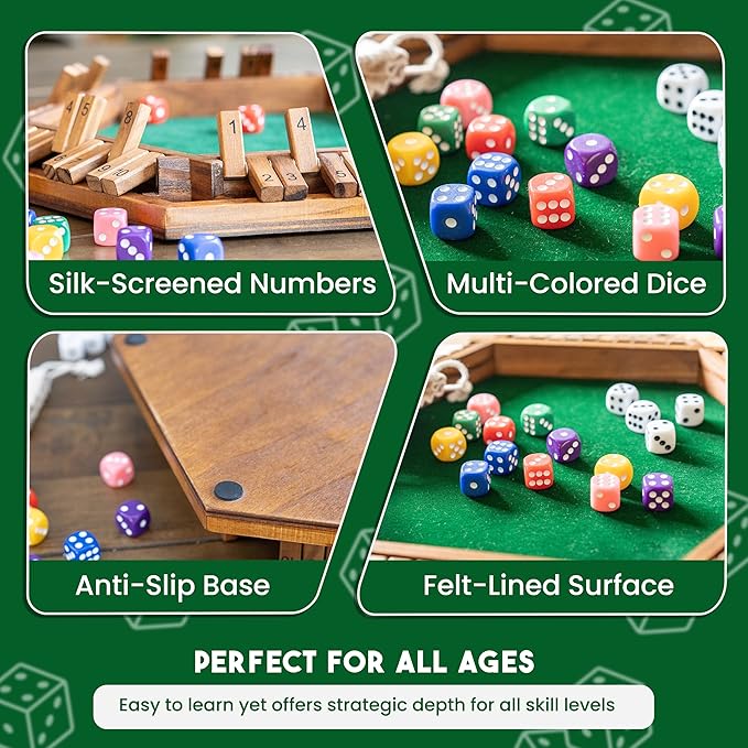 Sam & Evie 1-6 Player Shut The Box Game Wooden Close The Box Dice Game Board with Folding Tiles – Classic Family Table Game for Adults, Kids, Party, Travel, Classroom – 4 to 6 Person Play