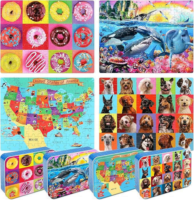 LELEMON Puzzles for Kids Ages 4-6,4-Pack 100 Piece Puzzles for Kids Ages 4-8 in a Metal Box,Dogs Donut USA Map Underwater World Educational Jigsaw Puzzles Puzzle Games Puzzle Toys for Girls and Boys