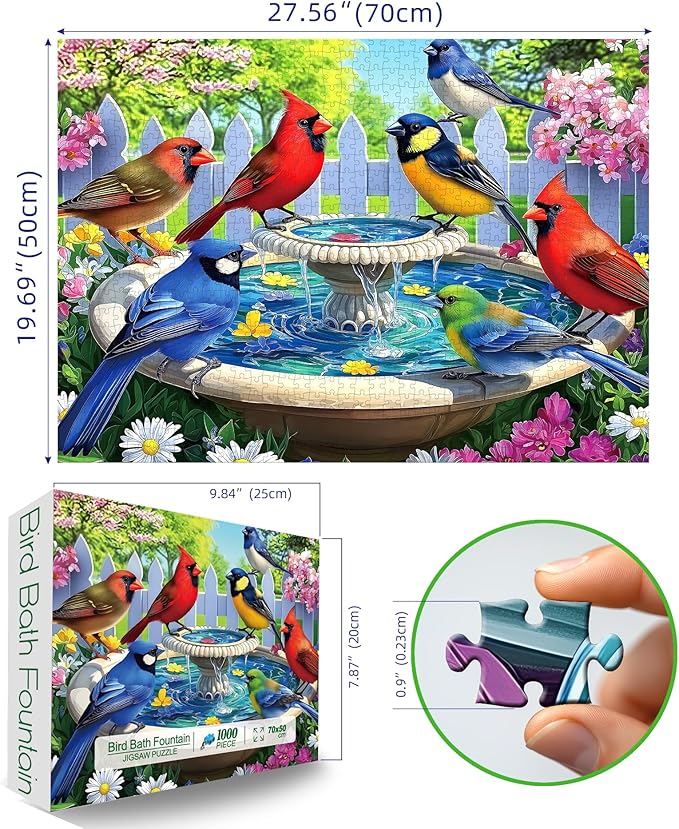 Birds at Birdbath 1000 Piece Jigsaw Puzzle for Adults Birds Bath Fountain Garden Scene Challenging Family Puzzle Perfect for Game Nights (27.5"X19.6")