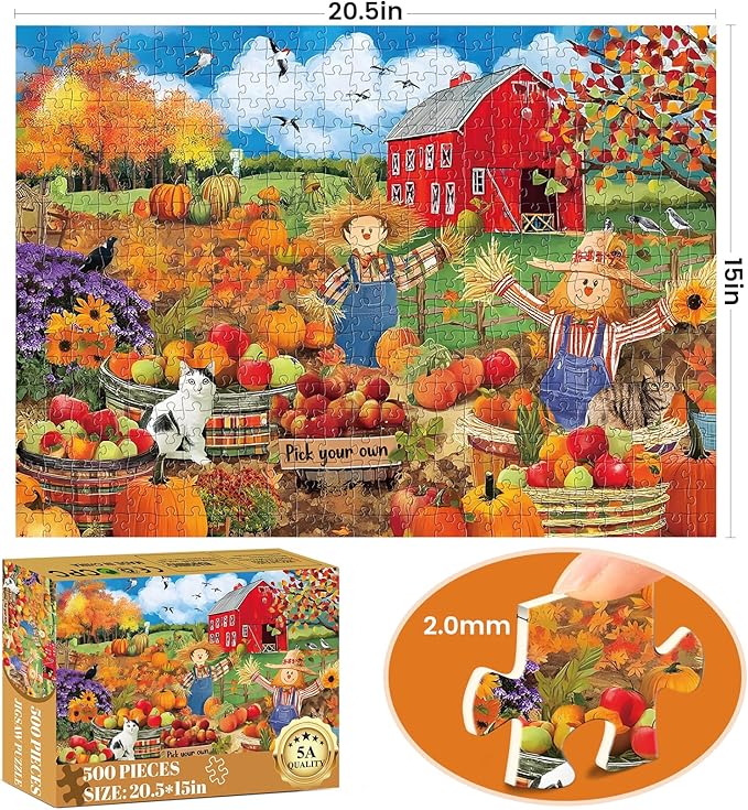 500 Piece Puzzles for Adults,Farm Scarecrow Puzzle for Adults Kids Seniors,Interlock Perfectly Letter on Back,Fall Landscape Jigsaw Puzzle for Kids Ages 8-10,Puzzle for Family Game Nights,20.5 x 15 in