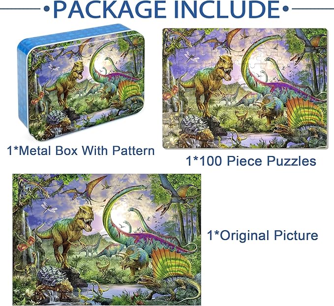 LELEMON Puzzles for Kids Ages 4-8,Dinosaur 100 Piece Puzzles for Kids,Educational Kids Puzzles Jigsaw Puzzles in a Metal Box,Children 100 Piece Puzzle Games Puzzle Toys for Girls and Boys