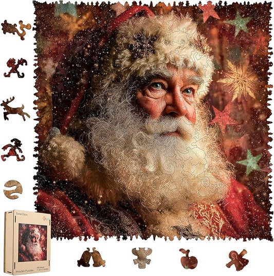 Santa Claus Christmas Wooden Puzzles for Adults - 228 Pcs Unique Shaped Holiday Wood Jigsaw Puzzle with Storage Box, Festive Family Game for Parents & Kids 11.2x11.2 Inch