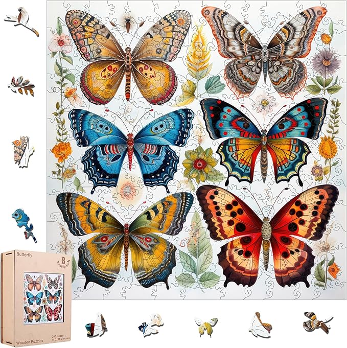 Wooden Puzzles for Adults, Colorful Butterfly 200 Pieces 5MM Thickness Unique Shaped Puzzles, Jigsaw Puzzles for Adults Toys Gift for Family Games (11.2 x 11.2 in)