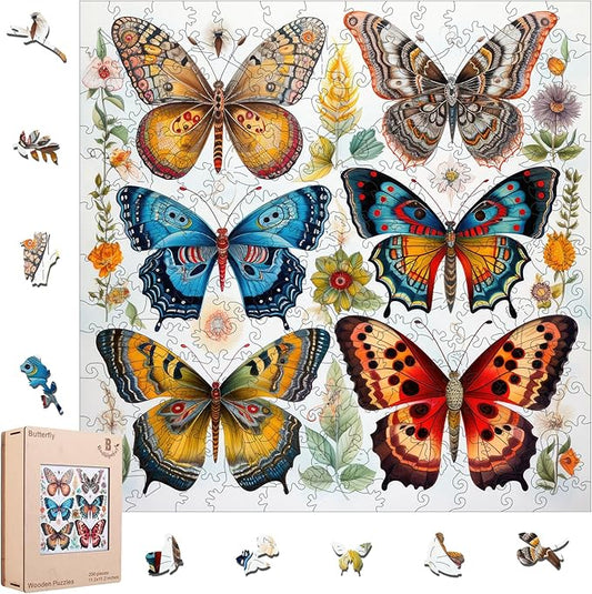 Wooden Puzzles for Adults, Colorful Butterfly 200 Pieces 5MM Thickness Unique Shaped Puzzles, Jigsaw Puzzles for Adults Toys Gift for Family Games (11.2 x 11.2 in)