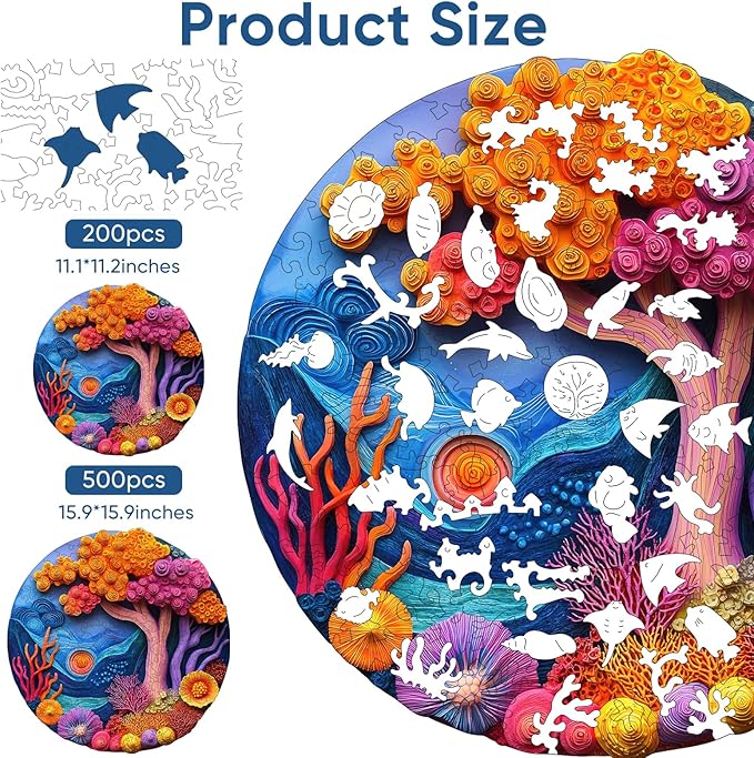 Wooden Puzzles for Adults, 3D Vision Effects Coral Wooden Jigsaw Puzzles 200pcs, 11.1x11.2in, Medium, Unique Shape Adult Puzzles, Wood Puzzles Creative Gift for Adults and Kids Family Game