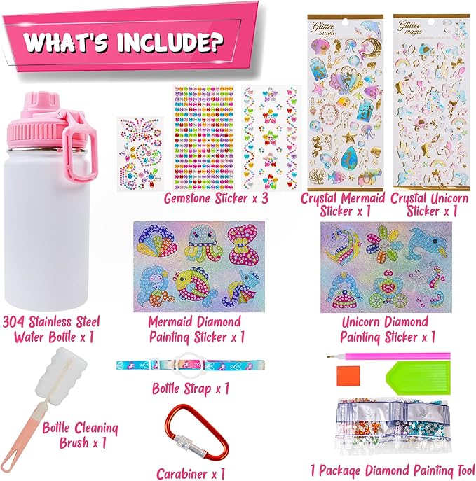 FTBox Decorate Your Own Water Bottle, Cute Arts and Crafts Gifts Toys for Girls Age 4-12, Unicorn/Mermaid Diamond Painting Crafts Kit for Birthday & Christmas