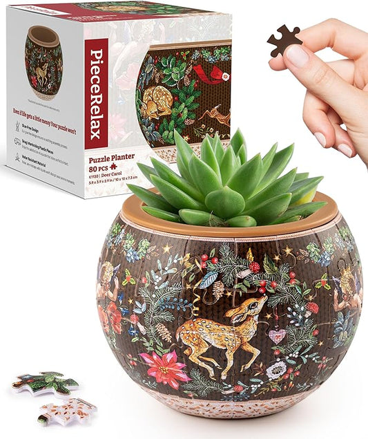 PieceRelax 3D Puzzle Planter 80 Pieces - Deer Carol, Unique Christmas Home Decor Flower Pots for Indoor Cactus, Succulents Pots [K1130]
