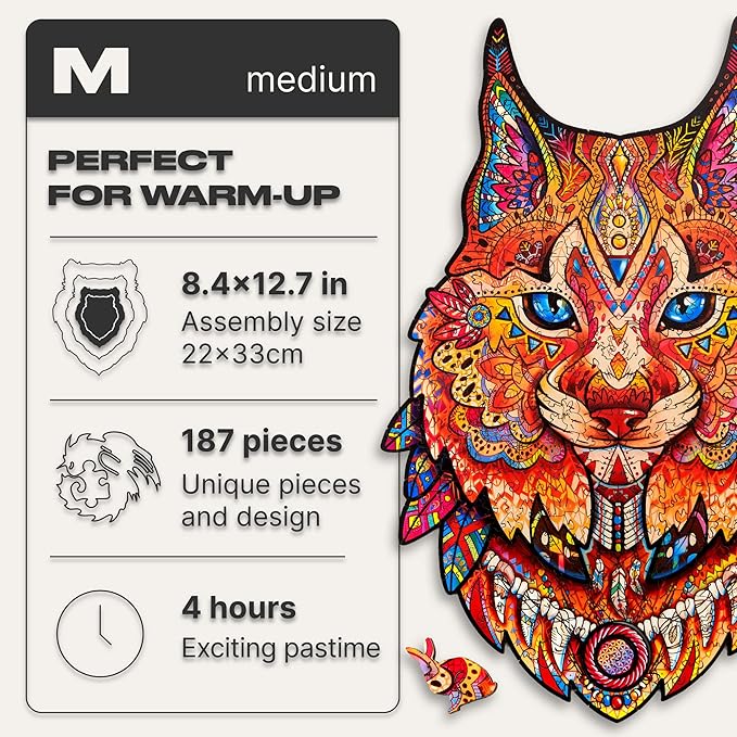 UNIDRAGON Original Wooden Jigsaw Puzzles - Gentle Lynx, 187 Pieces, Medium Size 8.4" х12.7, Beautiful Gift Package, Unique Shape Best Gift for Adults and Kids