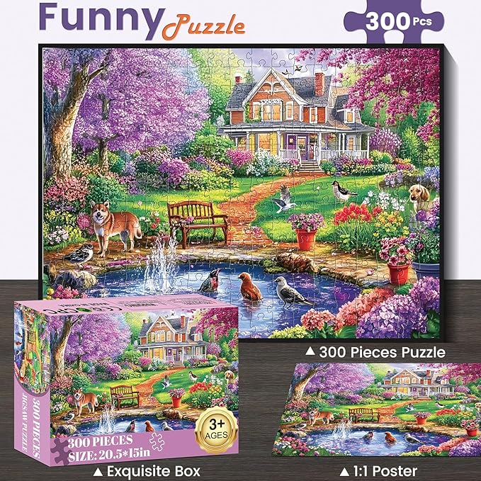 300 Piece Puzzle for Adults,Beautiful Spring House Puzzle for Adults Kids Seniors,Large Piece Landscape Animals Puzzles for Kids Ages 8-10 10-12,Challenging Puzzles Perfect for Game Nights,20.5*15 In