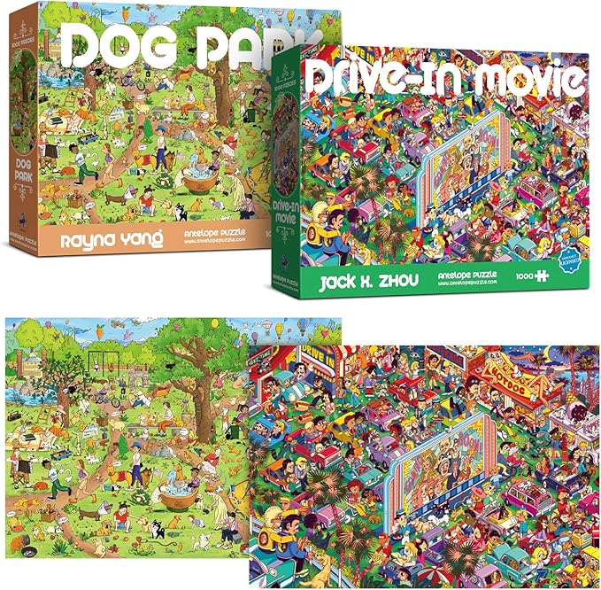 Antelope 2 in 1 1000 Piece Puzzle Bundle - Dog Park & Drive In Movie