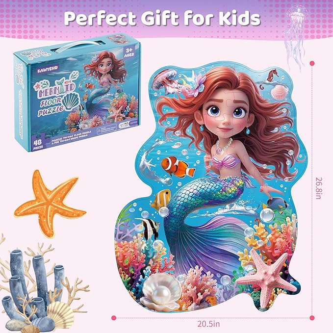 Floor Puzzles for Kids Ages 3-5, Mermaid Puzzles for Toddler Ages 4-6, 48 Pieces Jumbo Puzzles with Box, Mermaid Toys for Gifts 3-8 Years Old