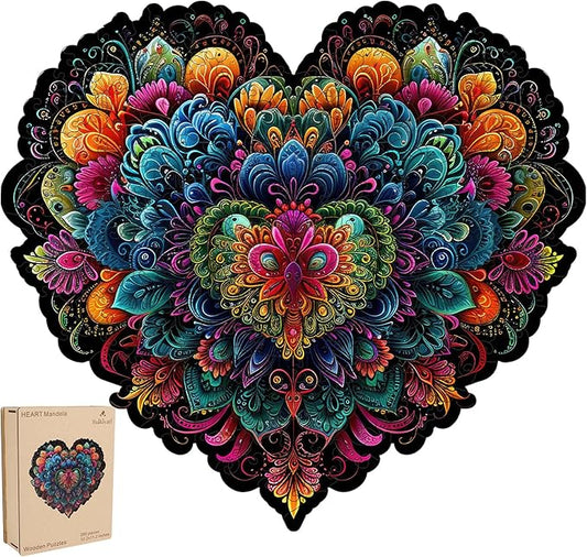 Ruikiyart Wooden Puzzles for Adults, 5MM 500 Pieces Heart Flower Wooden Jigsaw Puzzle, Mandala Unique Shapes Puzzles Great Gift for Adults and Ki on Birthday, Christmas (15.3"x16.9")